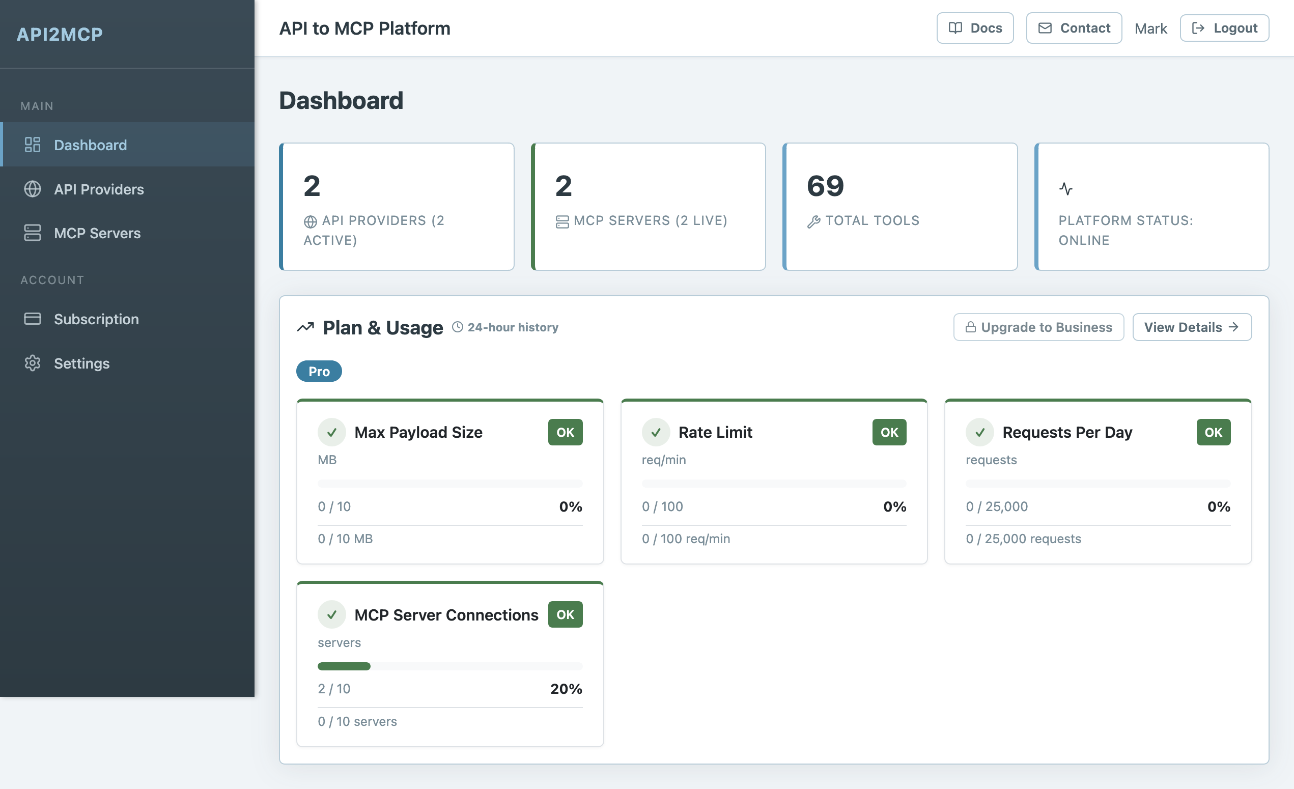 API2MCP dashboard turning REST APIs into MCP servers