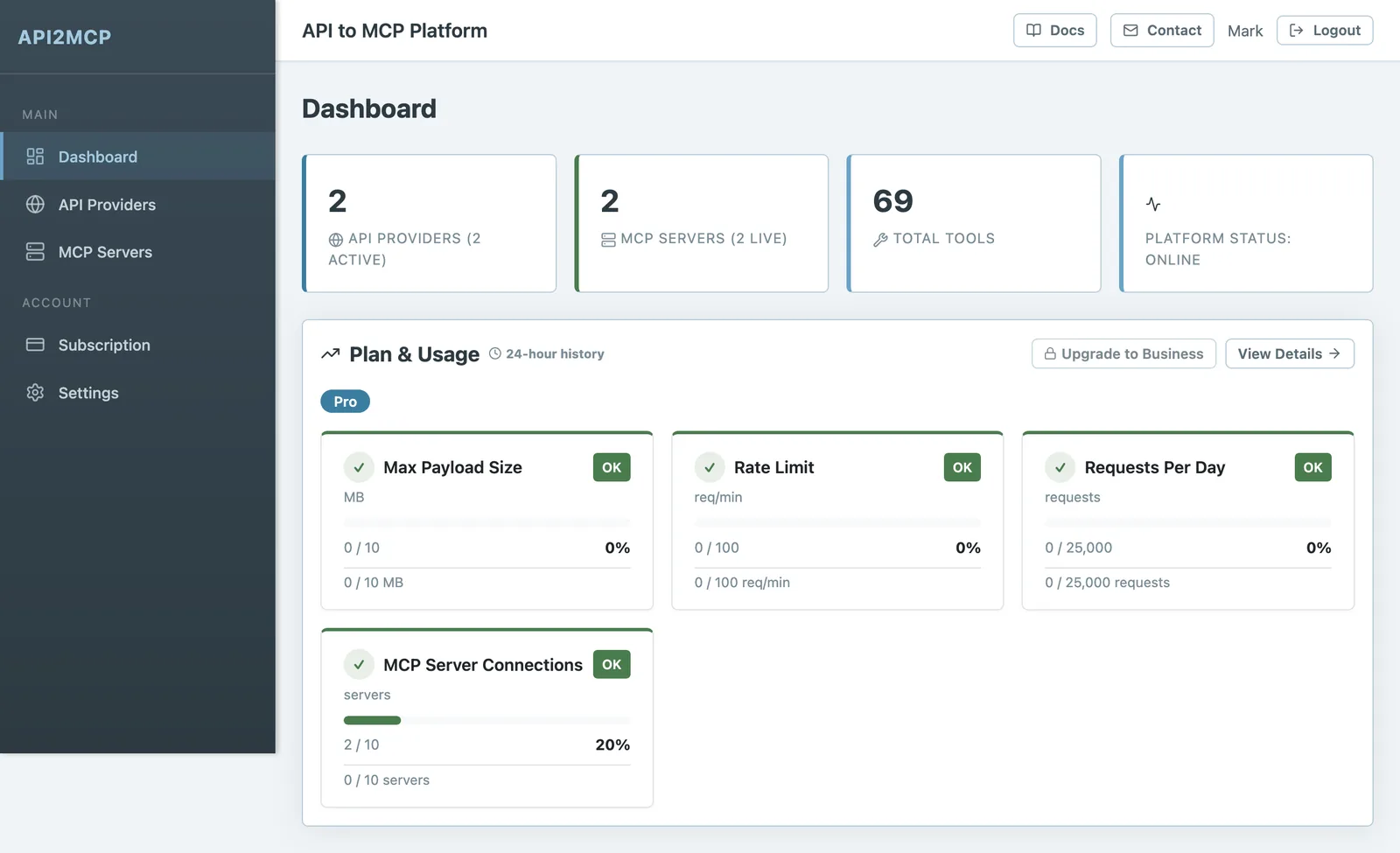 API2MCP dashboard turning REST APIs into MCP servers
