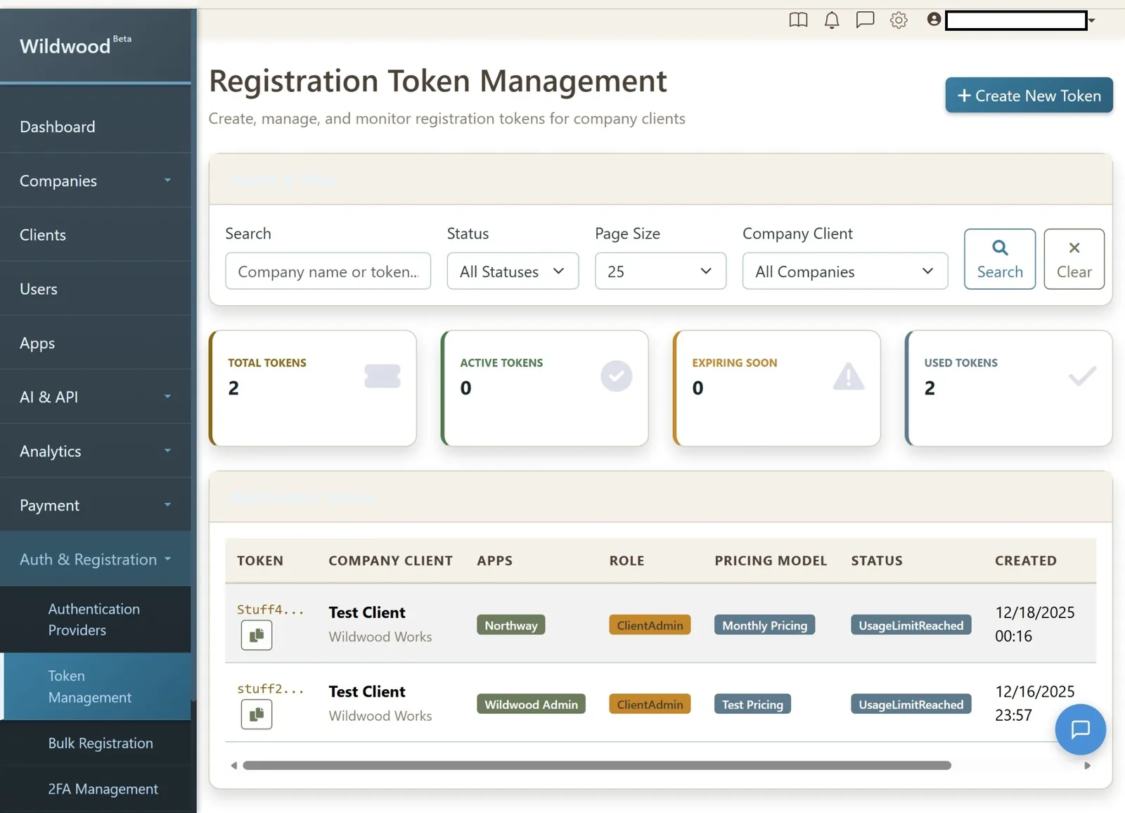 Wildwood Registration Tokens